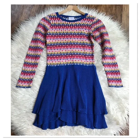 Hanna Andersson Fair Isle Nordic Sweater Dress Blue Red Yellow Size 8